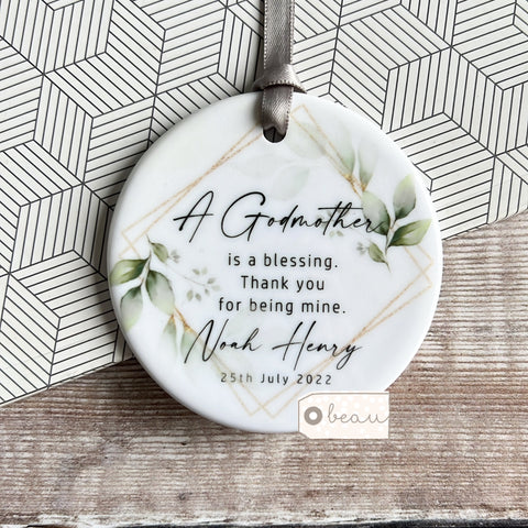 Personalised Godmother Godparents Thank you Decoration Foliage Greenery...Round  - Keepsake Decoration - Ornament