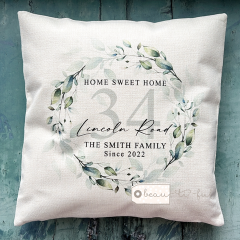 Personalised Home Sweet Home Foliage Greenery Wreath Design New Home Quote Linen Style Cushion