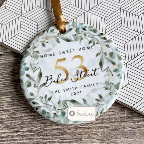 Personalised Home Sweet Home New Home address Eucalyptus Wreath Ceramic Ornament Keepsake