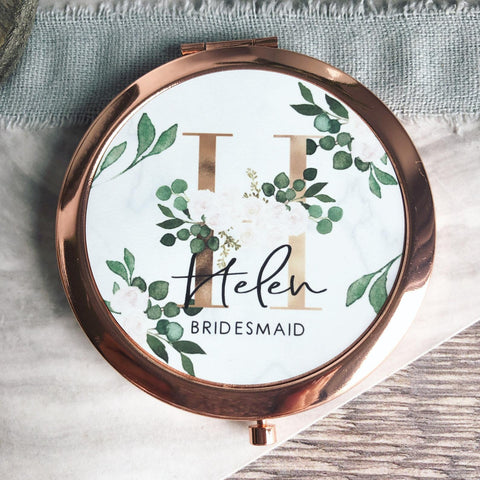 Personalised Initial and Name White Floral & Greenery Rose Gold Compact Mirror.