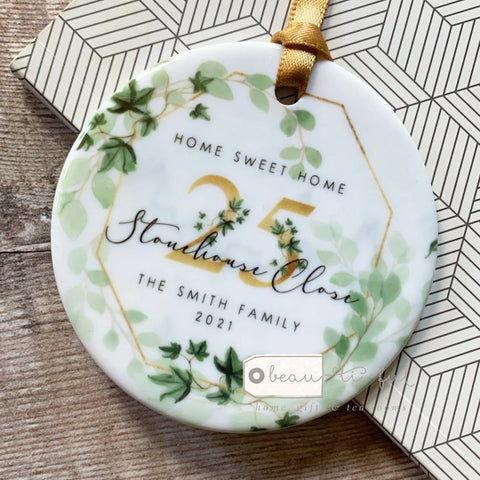 Personalised Home Sweet Home New Home Address Ivy Greenery Ceramic Round Decoration Ornament Keepsake