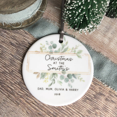 Personalised Christmas at the ... Framed Greenery Ceramic Round Decoration Ornament Keepsake