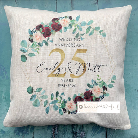 Personalised Mr Mrs Wedding Anniversary Burgundy Floral Geometric Greenery  Cushion cover