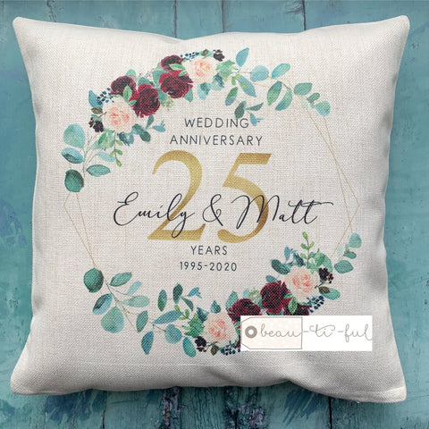 Personalised Mr Mrs Wedding Anniversary Burgundy Floral Geometric Greenery Cushion cover