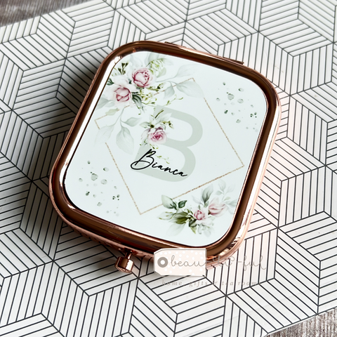Personalised Initial and Name Pink Roses Floral Rose Gold Compact Mirror