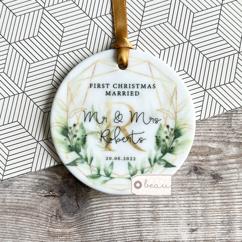 Personalised First Christmas Married Mr And Mrs Geo Greenery Round Ceramic Tree Hanger Decoration Ornament