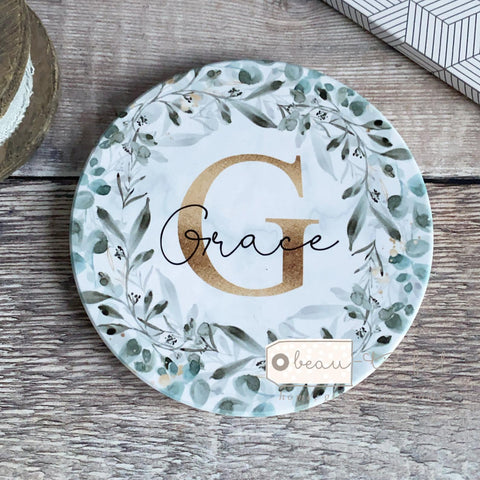 Personalised Name and Initial Geometric Greenery Wreath Ceramic Round Coaster