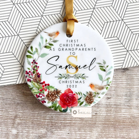 Personalised First Christmas as Grandparents Robin traditional wreath Ceramic Round ornament Decoration