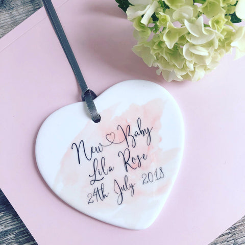 Personalised Newborn New Baby Girl Watercolour Ceramic Heart Decoration Keepsake Goddaughter