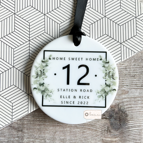 Personalised Home Sweet Home New Home address Eucalyptus Greenery Wreath Ceramic Ornament Keepsake