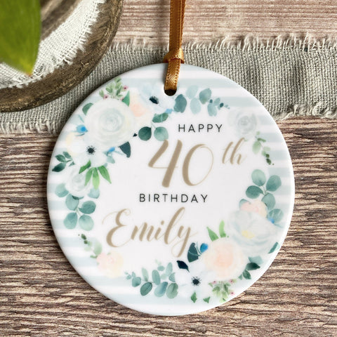 Personalised Happy Birthday Floral Ceramic or Acrylic Ornament Keepsake