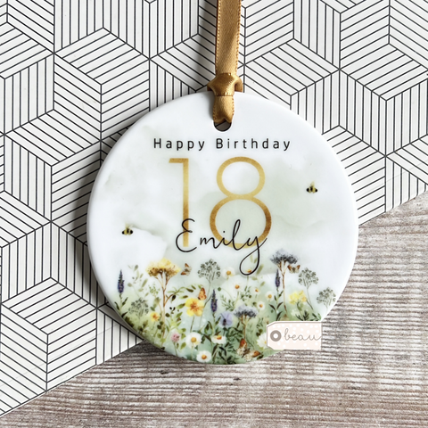 Personalised Happy Birthday 18th 21st 30th 40th .... Meadow Flowers Greenery design...Round Ceramic Keepsake