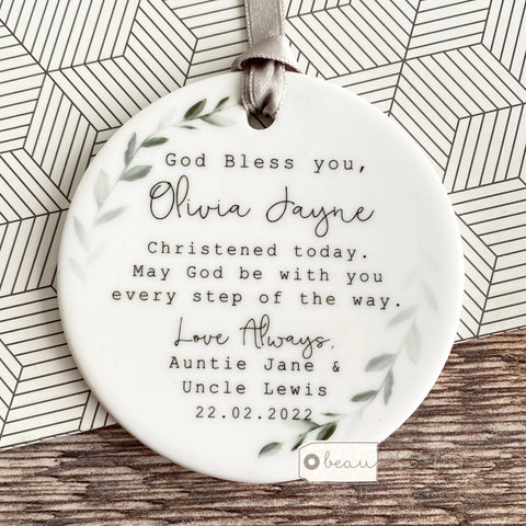 Personalised Christening Baptism Baby Girl Boy Botanical Ceramic Round Decoration Ornament Keepsake