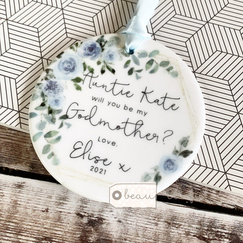 Personalised Will you be my Godfather Godmother Godparents Pale Blue Greenery Design Ceramic Keepsake