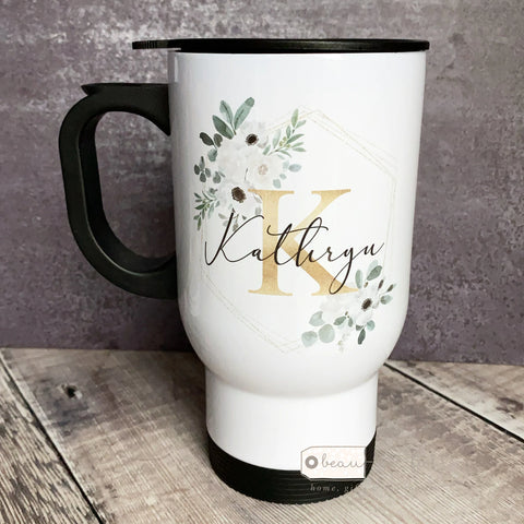 Personalised Name White floral Design travel Mug