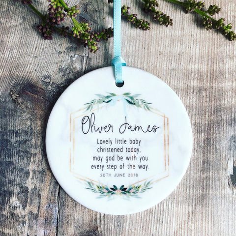 Personalised Christening Baptism Baby Quote Botanical Ceramic Round Decoration Ornament Keepsake