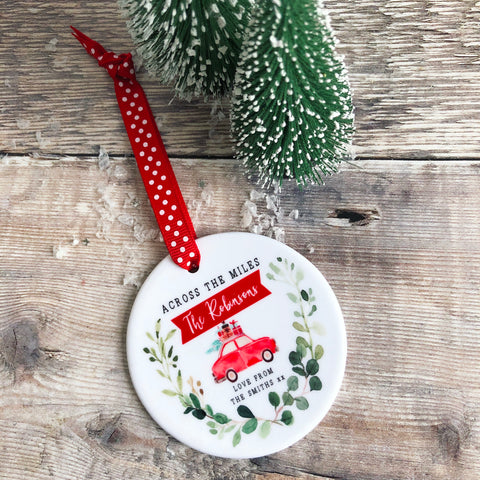 Personalised Across the Miles Family Christmas Botanical Ceramic Round Decoration Ornament Keepsake