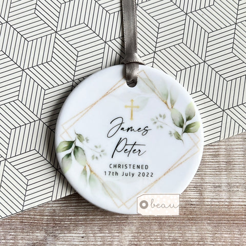 Personalised Christening Baptism Holy Communion Baby Girl Boy Foliage Greenery Ceramic Round Decoration Ornament Keepsake