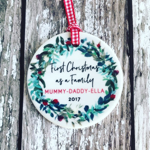 Personalised First Christmas as a Family Wreath Round Ceramic Tree Hanger Decoration Ornament