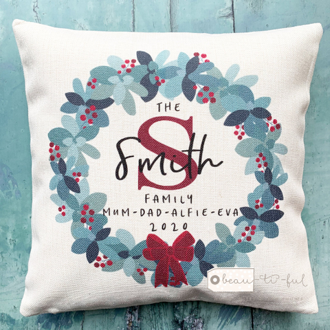 Personalised Christmas Family Traditional Wreath Cushion