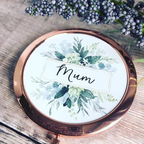 Personalised Name Botanical Rose Gold Compact Mirror