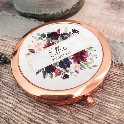 Personalised Initial and Name Burgundy and Navy Floral Compact Mirror