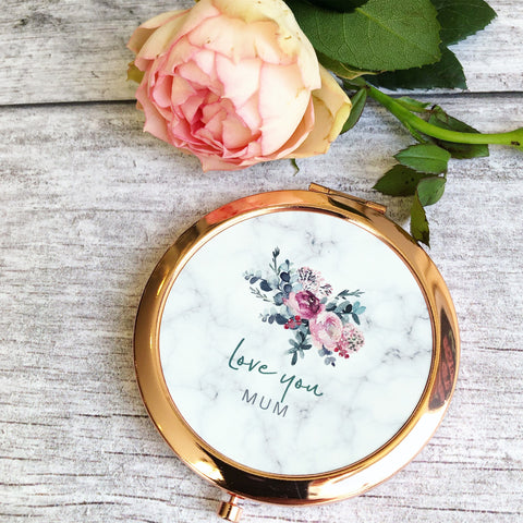 Personalised Love you... Name Floral bouquet Rose Gold Compact Mirror