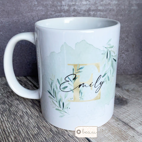 Personalised Name and Initial Mug with Gold and Greenery Botanical Detail Mug