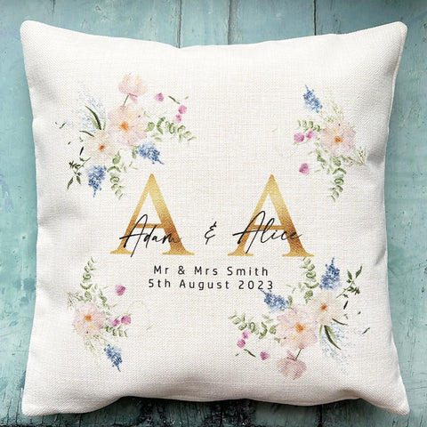Personalised Wedding gift Just Married Mr Mrs Married Wildflower Cushion cover