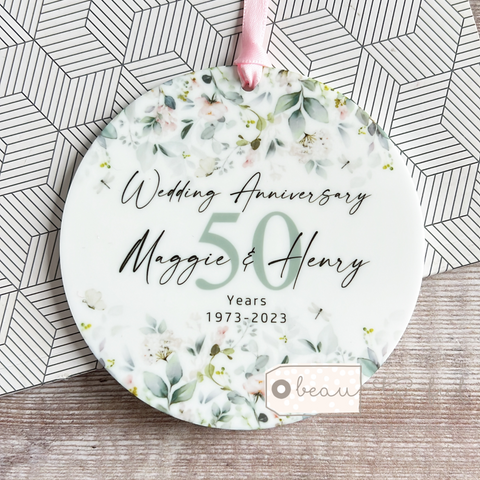 Personalised Mr & Mrs Wedding Anniversary Years Floral Greenery Ceramic or Acrylic Ornament Keepsake