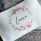 Personalised Name .. pink Blossom Greenery Design Linen Style Make Up Bag Mum Auntie Sister Gift