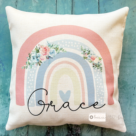 Personalised Name ... Pastel Floral Rainbow Boho Cushion