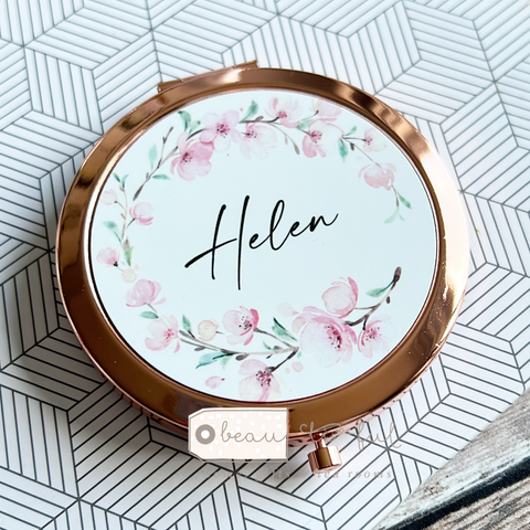 Personalised Initial and Name Pink blossom Floral Design Compact Mirror