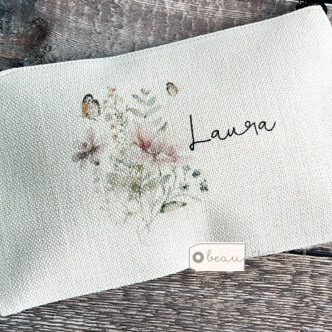 Personalised Make up bag - Wildflowers Greenery Design Linen Style Make Up Bag