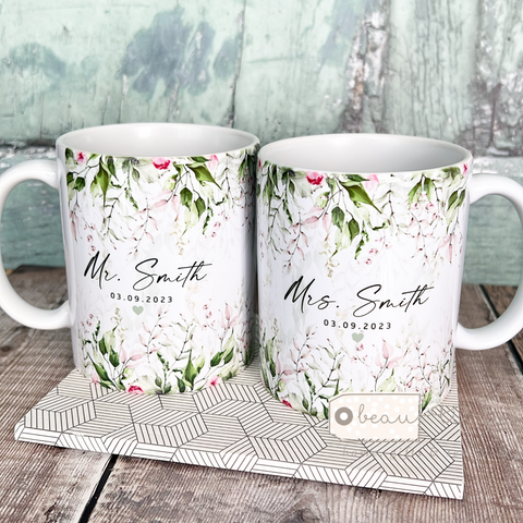 Personalised Wedding gift Mr Mrs Newlywed Bride Groom pink floral greenery Wedding Gift Mug Set