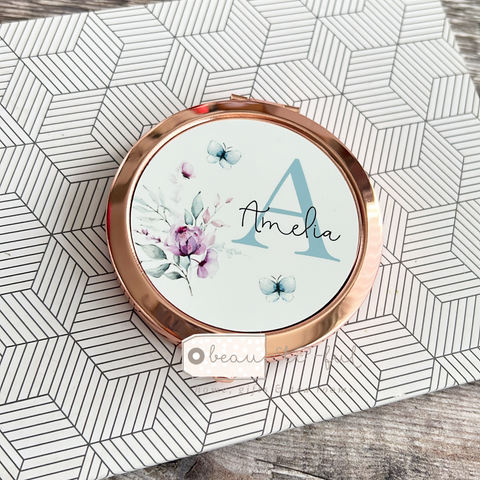 Personalised Initial and Name wildflower Floral Design Compact Mirror