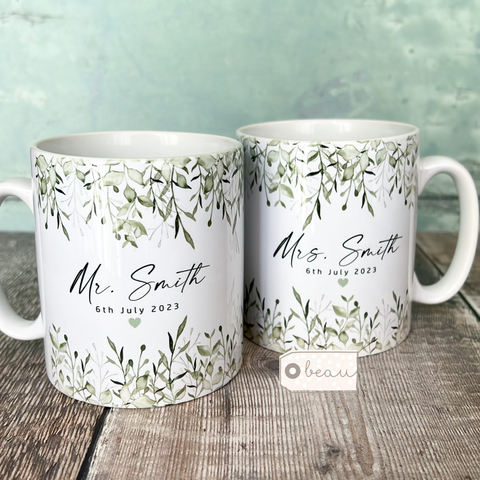 Personalised Wedding gift Mr Mrs Newlywed Bride Groom greenery Wedding Gift Mug Set