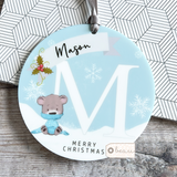 Personalised Merry Christmas Gift Boy Girl Snowflake bear Ceramic or Acrylic Round Decoration