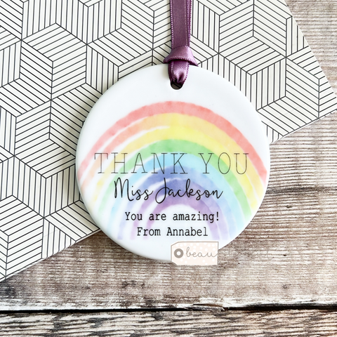 Personalised Thank You Teacher Rainbow Ceramic Round Decoration Ornament Keepsake