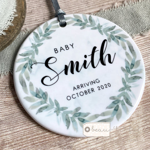 Personalised Baby Reveal Botanical Greenery Ceramic Keepsake