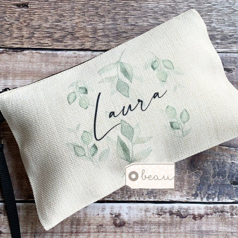 Personalised Name.....Botanical Leaves Design Linen style Make up Bag