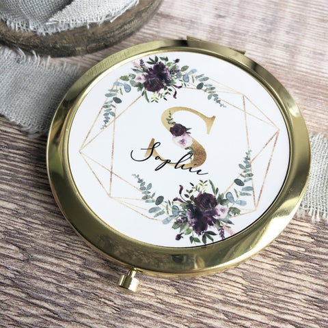 Personalised Initial and Name Burgundy Floral Compact Mirror