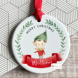 Personalised Merry Christmas Gift Boy Girl Elf Pixie Ceramic Round Decoration