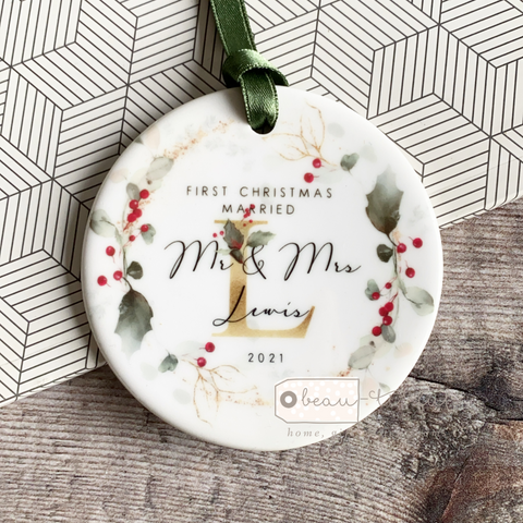 Personalised First Christmas as Mr Mrs Holly Botanical Ceramic Round Decoration Ornament