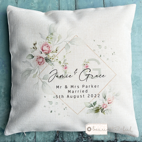 Personalised Just Married Pink roses greenery Design New Home Quote Linen Style Cushion
