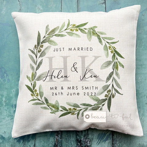 Personalised Just Married Mr Mrs Newlywed Eucalyptus Wreath Design Home Quote Linen Style Cushion