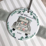 Personalised Just Married Wedding Car Ceramic Round Decoration Ornament Keepsake