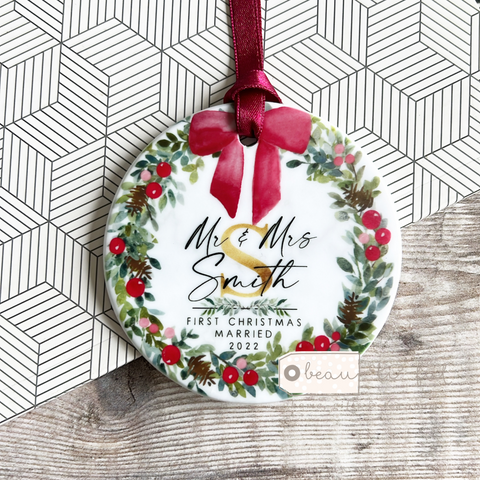 Personalised First Christmas As Mr And Mrs Bow Greenery Round Ceramic Tree Hanger Decoration Ornament