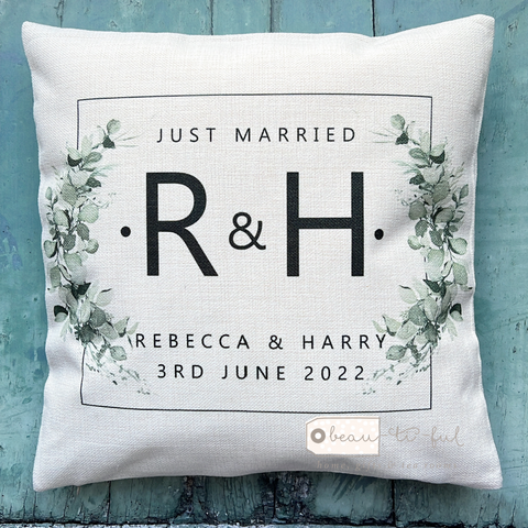 Personalised Just Married Mr Mrs Newlywed Eucalyptus Botanical Design Home Quote Linen Style Cushion