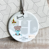 Personalised Baby’s First Christmas New Baby Boy Girl Newborn Snowflake bear Ceramic Round Decoration